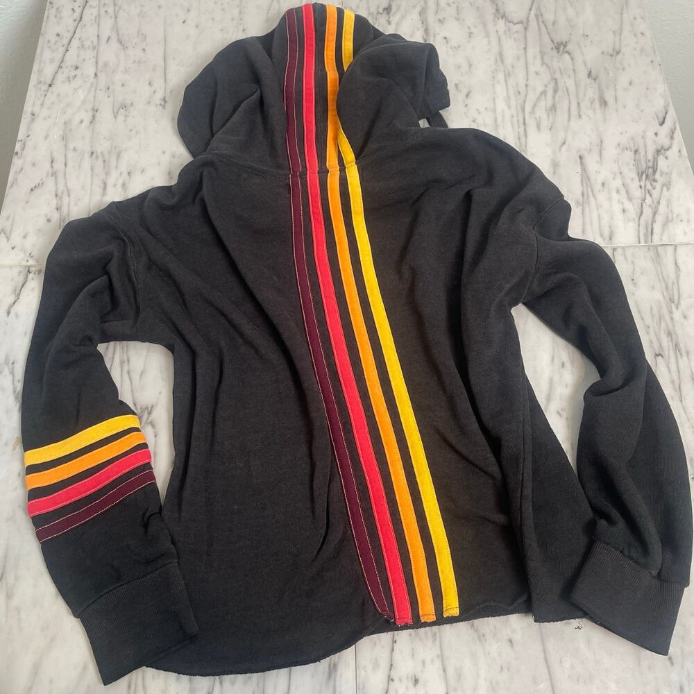 Vintage Havana Black Cropped Hoodie Rainbow Stripe Sleeve Back Detail Size M - Picture 2 of 10